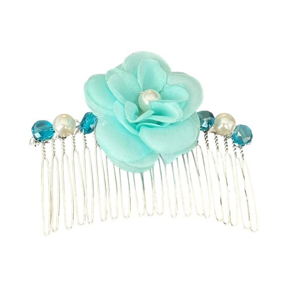 Elegant Silver Beaded Hair Comb with Aqua Flower 3.0” - Picture 5 of 5